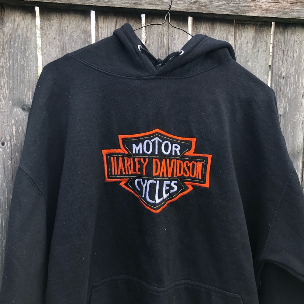 Embroidered Harley-Davidson Black Pullover Hoodie with Orange & White Logo